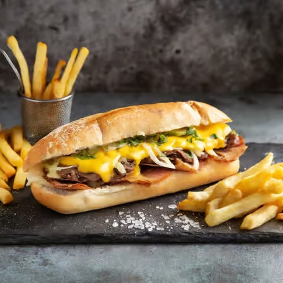 Toasted baguette sandwich layered with roast meat, melted yellow cheese, onions, and greens, served with fries on a dark slate.