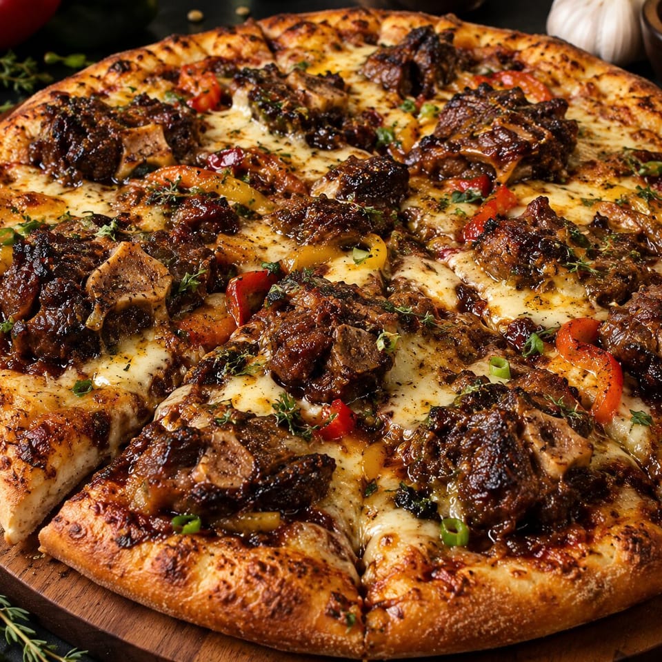 Loaded pizza topped with melted cheese, glazed roasted meat, peppers, herbs, and a golden-brown crust on a wooden board.