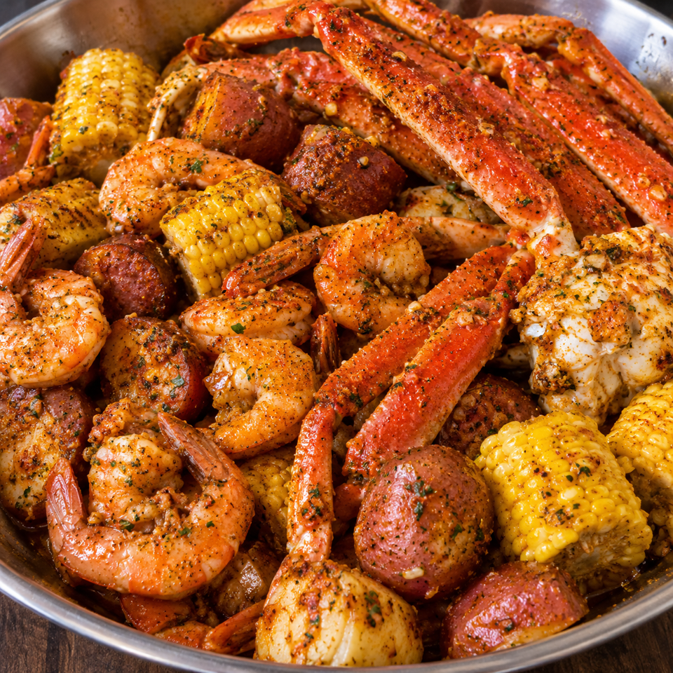 Seasoned seafood boil with crab legs, shrimp, sausage, corn, potatoes, and lobster in a metal serving tray.