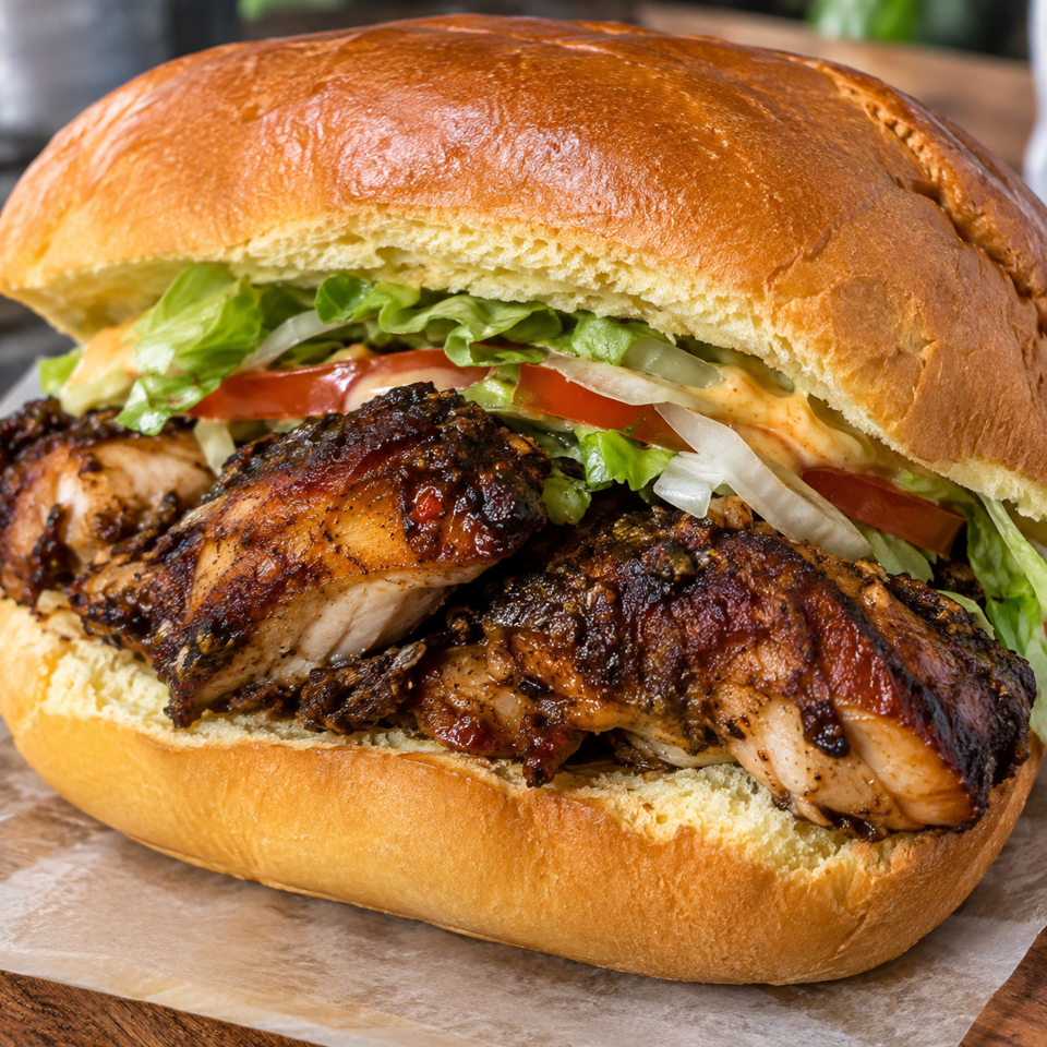 Close-up of a toasted chicken sandwich with grilled chicken, lettuce, tomato, onion, and sauce on a soft bun.
