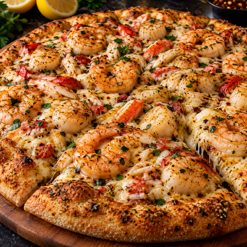 Seafood pizza topped with shrimp, scallops, crab, roasted tomatoes, herbs, and melted cheese on a wooden serving board.