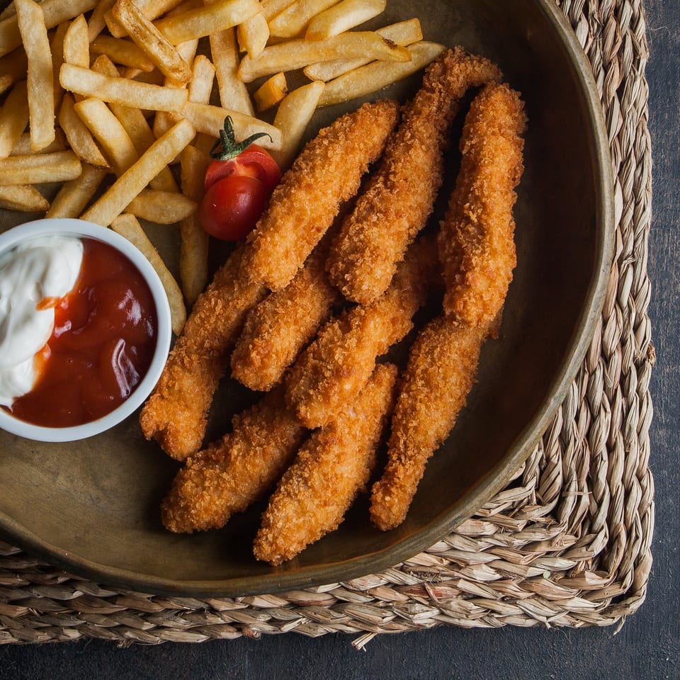 Crispy chicken tenders and golden french fries with ketchup and mayonnaise on a wooden plate.