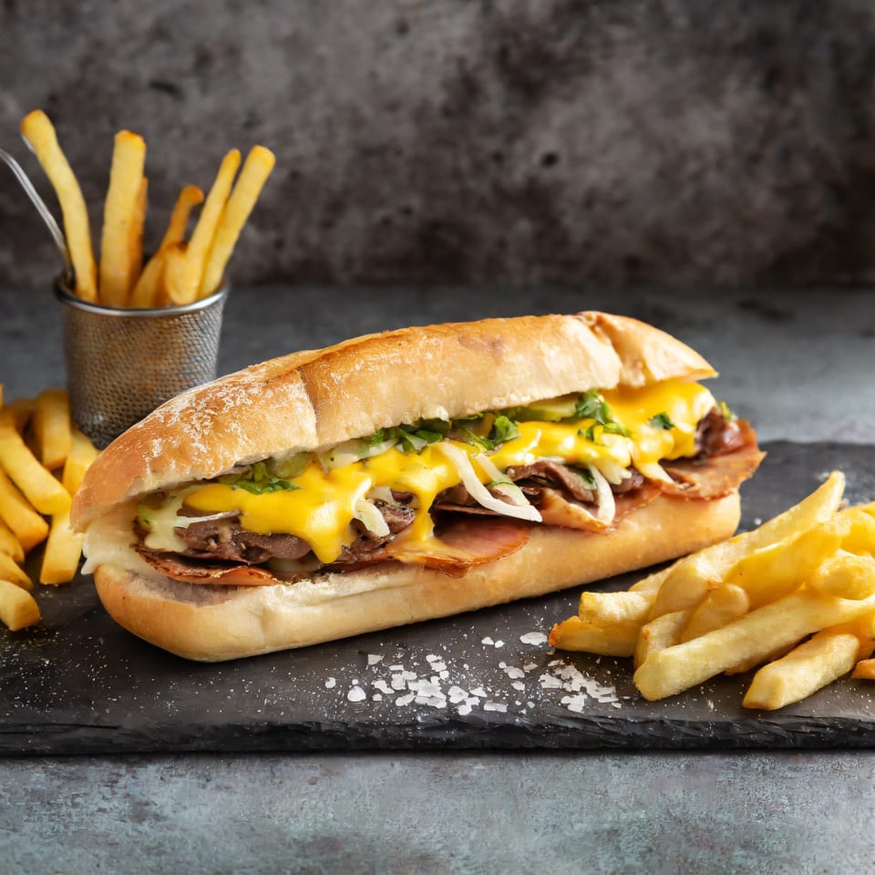 Cheesesteak sandwich with melted cheese, onions, and meat, served with golden french fries.